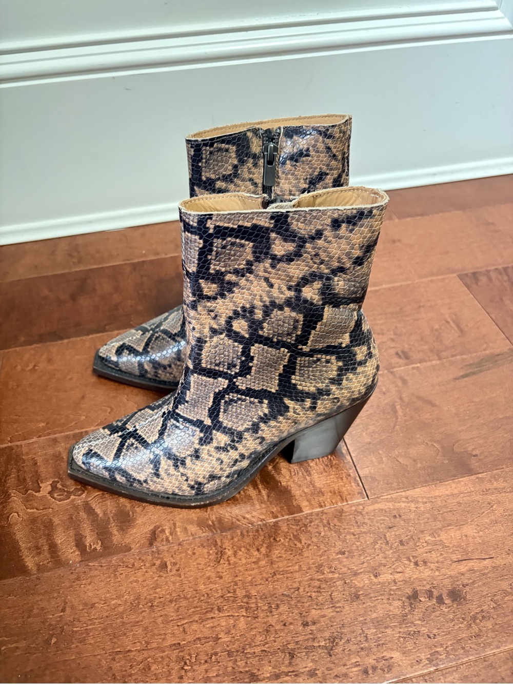 Sister Soeur Snake-Print Beige and Black Ankle Booties
